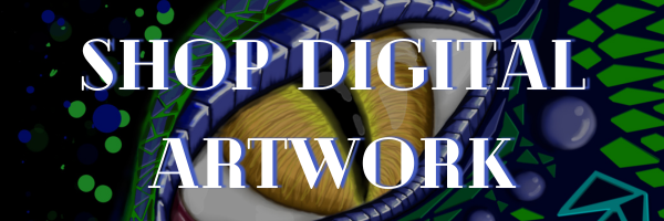 Digital art work of a yellow dragons eye with green scales, with glowing white and blue text displaying Shop Digital Artwork.