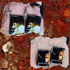 Red background with 2 images, both showing the silent hill 3 mini earrings with fish hood or click on earring backs.